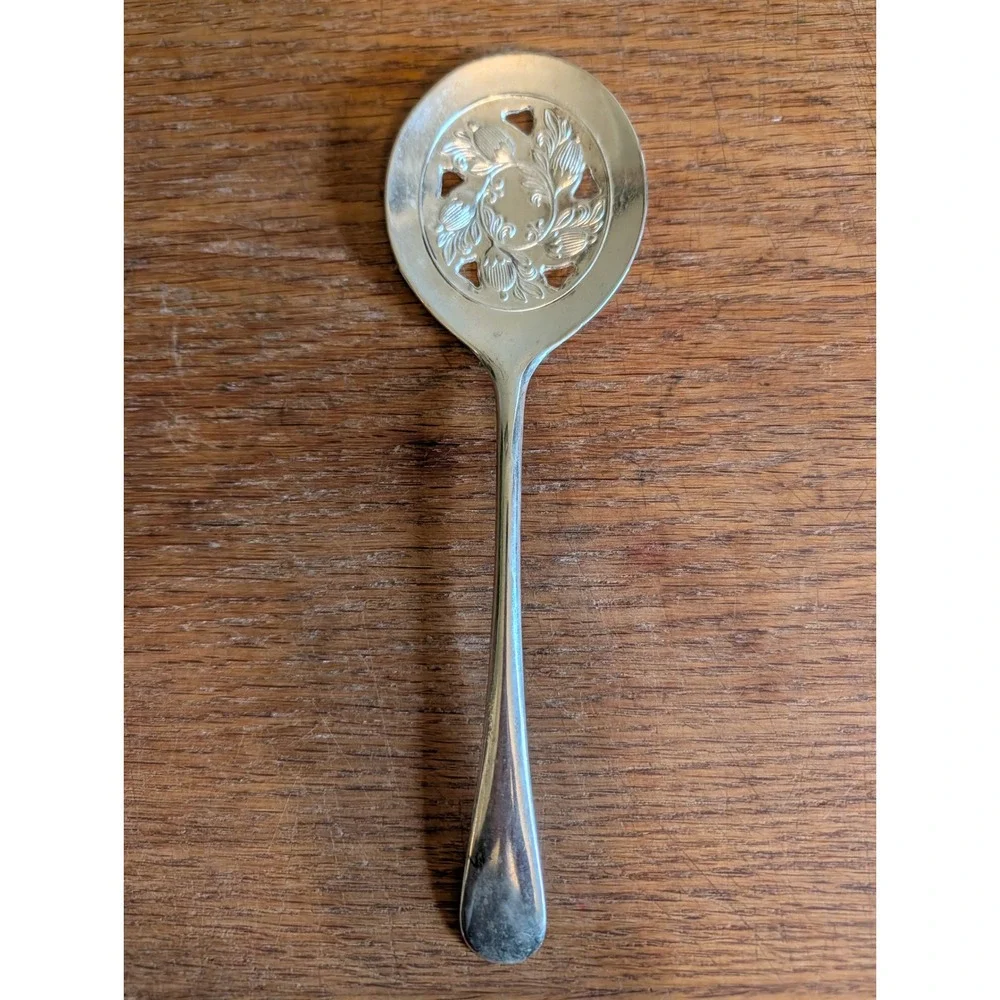 Vintage Leonard Silver Plated Pierced Olive Spoon Ornate Floral Made in Italy